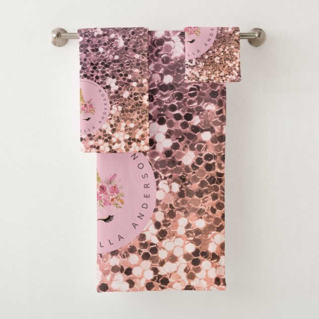 Personalisiert Ombre Glitzer Unicorn Badhandtuch Set (Insitu)