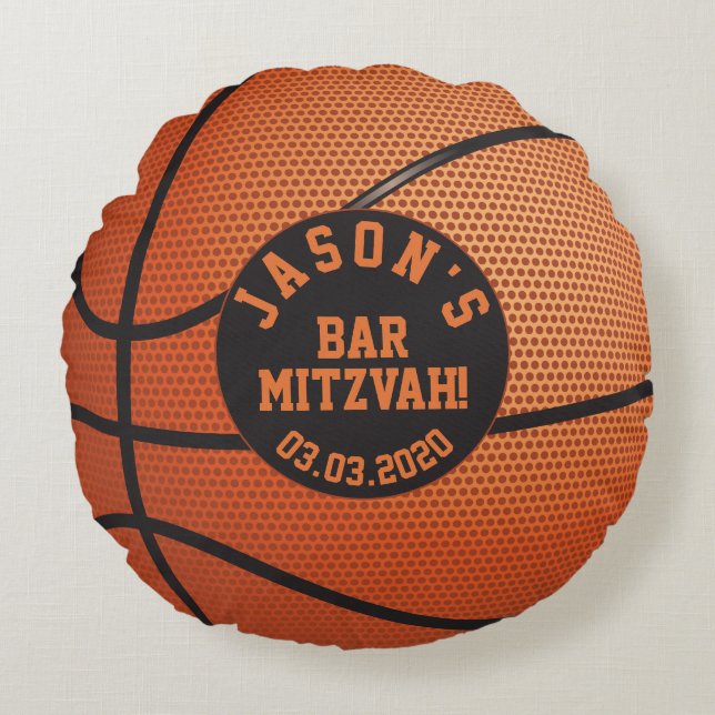 Personalisiert Orange Black Basketball Bar Mitzvah Rundes Kissen (Vorderseite)
