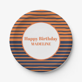 Personalisiert Orange Navy Blauer Streifen Geburts Pappteller