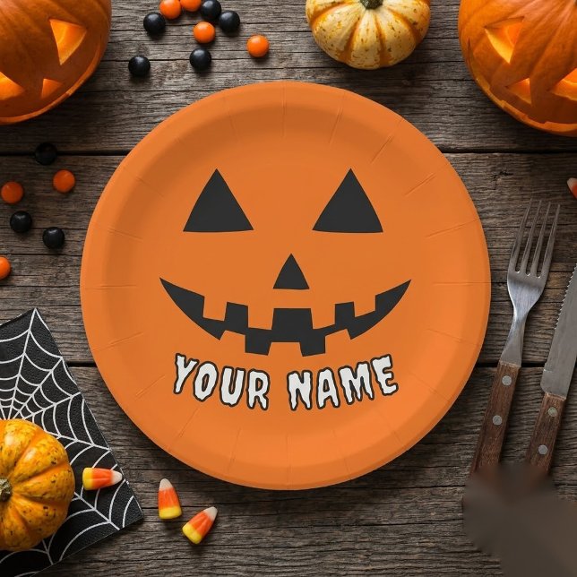 Personalisiert Orange Pumpkin Halloween Dein Name Pappteller (Von Creator hochgeladen)