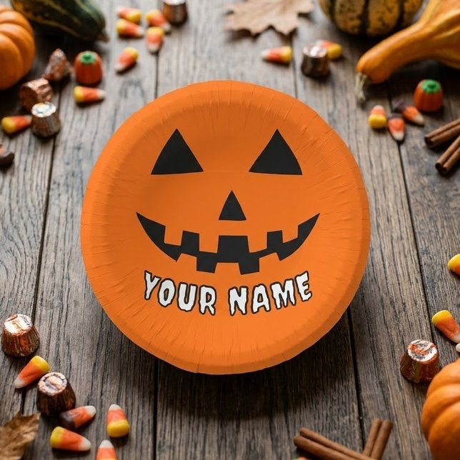 Personalisiert Orange Pumpkin Halloween Dein Name Pappteller (Von Creator hochgeladen)
