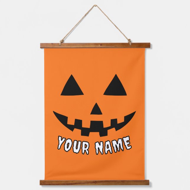 Personalisiert Orange Pumpkin Halloween Dein Name Wandteppich Mit Holzrahmen (Vorderseite)