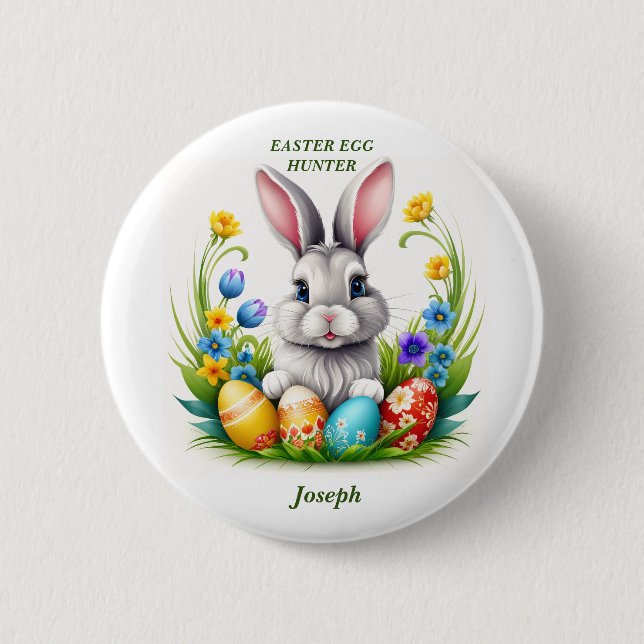 Personalisiert Ostern Bunny Egg Jagd Tote Beutel Button (Vorderseite)