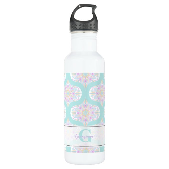 Personalisiert Pastel Rainbow Floral Mandala Mid M Edelstahlflasche (Vorderseite)
