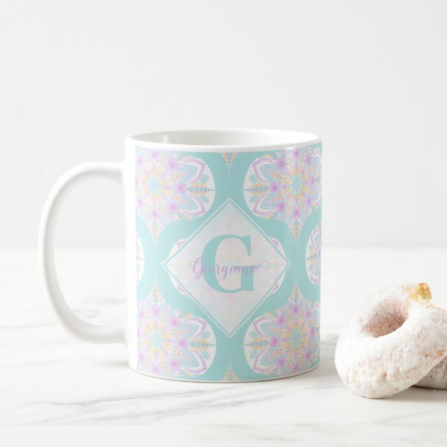 Personalisiert Pastel Rainbow Floral Mandala Mid M Kaffeetasse (Mit Donut)