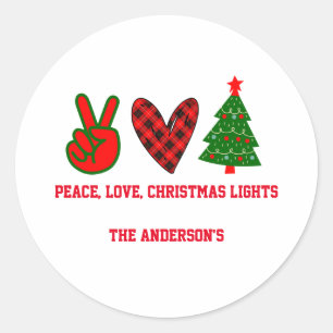 Personalisiert Peace Liebe Christmas Lights Green  Runder Aufkleber