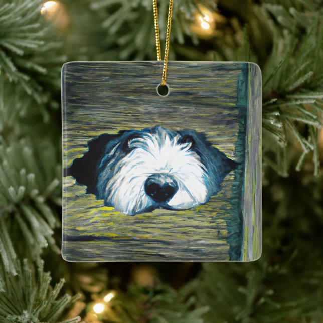 Personalisiert Peeking Old English Sheepdog Dog Keramikornament (Baum)