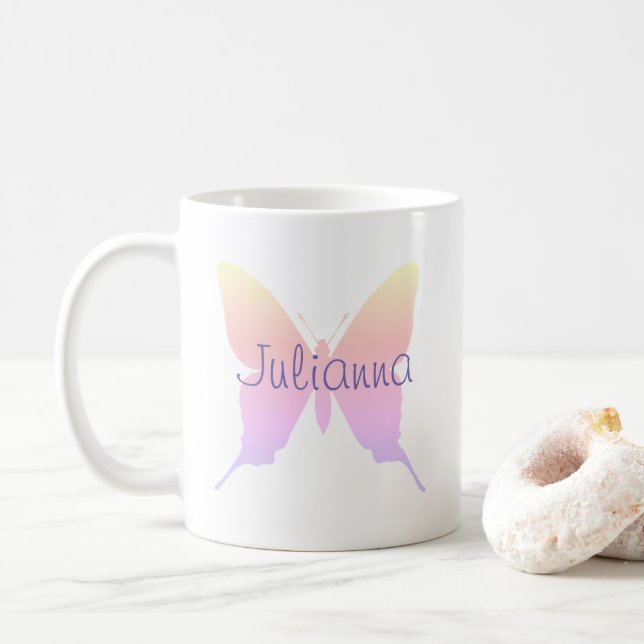 Personalisiert Periwinkle Pastel Rainbow Butterfly Kaffeetasse (Mit Donut)