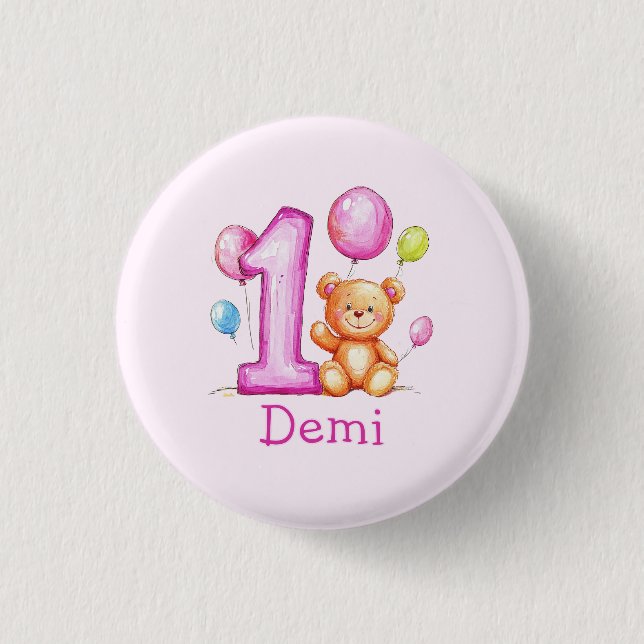 Personalisiert Pink 1. Geburtstag für Mädchen Button (Vorderseite)