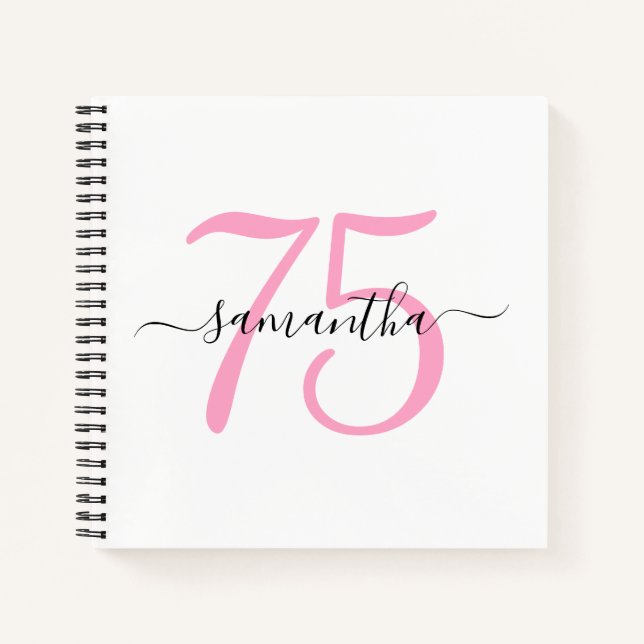Personalisiert Pink 75. Geburtstag Gästebuch Notizbuch (Vorderseite)