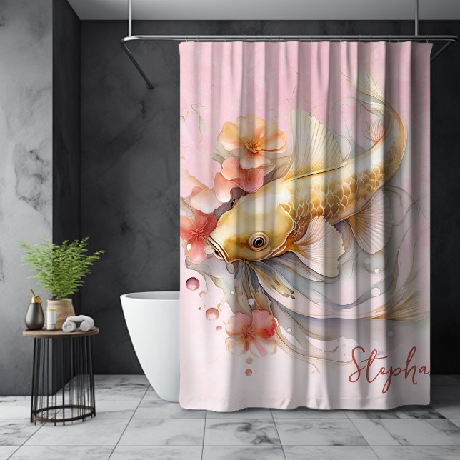 Personalisiert Pink Aquarell Gold Koi Fisch Blümch Duschvorhang (Personalized Pink Watercolor Gold Koi Fish Floral Shower Curtain)