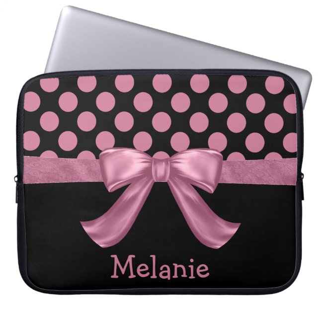Personalisiert Pink Black Polka Dot Ribbon Bow Laptopschutzhülle (Vorderseite)