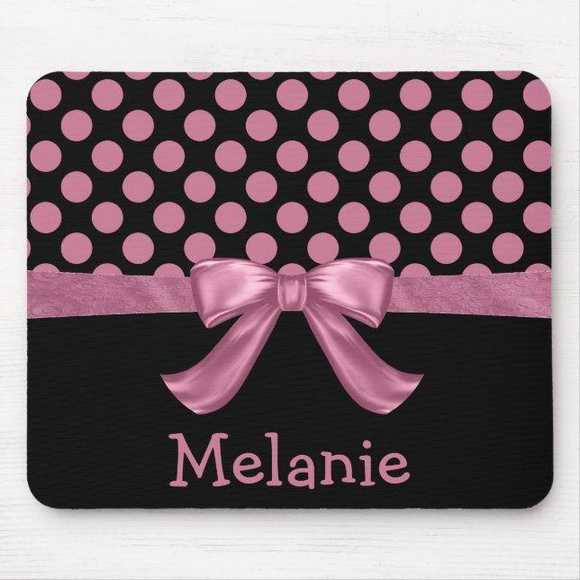 Personalisiert Pink Black Polka Dot Ribbon Bow Mousepad (Vorne)