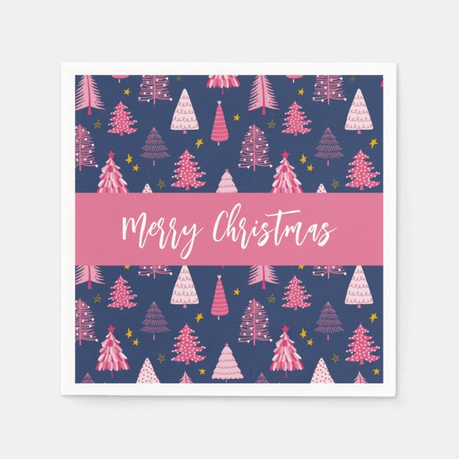 Personalisiert Pink Blue Christmas Tree Muster Serviette (Vorderseite)