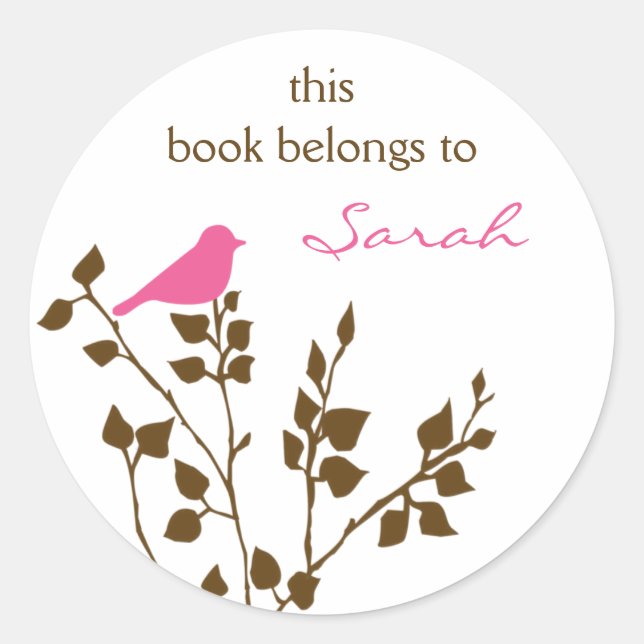 Personalisiert Pink Brown Girly Bird Book Stickers (Vorderseite)