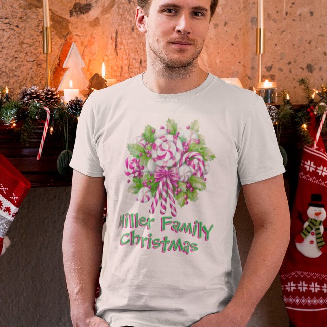 Personalisiert Pink Candy Cane Weihnachten T-Shirt (Personalize with your family name!)