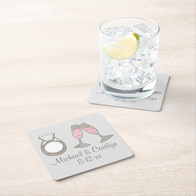 Personalisiert Pink Champagne Diamond Wedding Ring Rechteckiger Pappuntersetzer (Vor Ort)