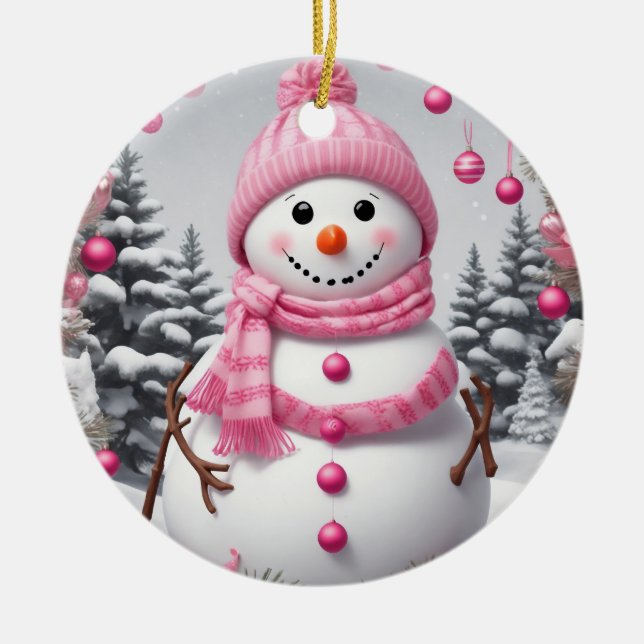 Personalisiert Pink Christmas Snowman Keramik Ornament (Vorne)