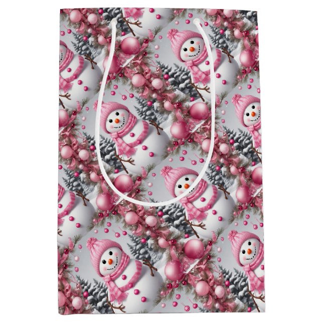 Personalisiert Pink Christmas Snowman Mittlere Geschenktüte (Vorderseite)