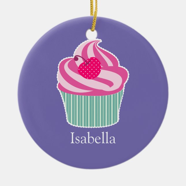 Personalisiert Pink Cupcake WIth Polka Dot Cherry Keramik Ornament (Vorne)