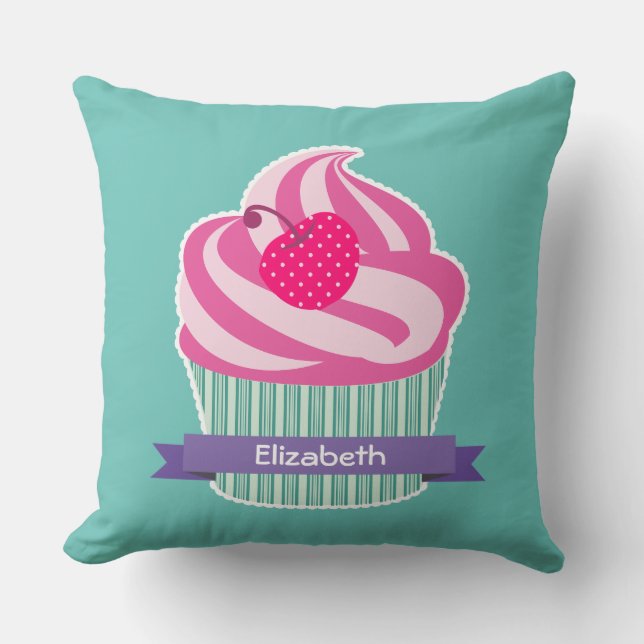 Personalisiert Pink Cupcake WIth Polka Dot Cherry Kissen (Vorderseite)