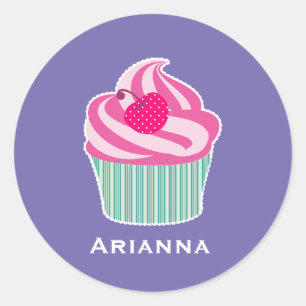 Personalisiert Pink Cupcake WIth Polka Dot Cherry Runder Aufkleber