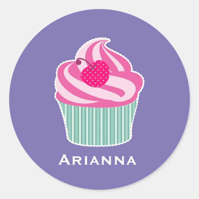 Personalisiert Pink Cupcake WIth Polka Dot Cherry Runder Aufkleber (Vorderseite)