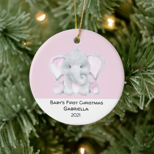 Personalisiert Pink Elephant Babys Erste Weihnacht Keramik Ornament (Baum)