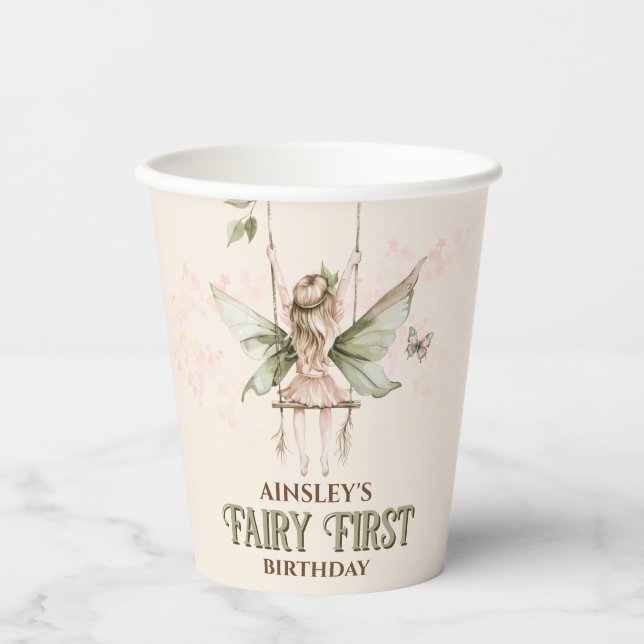 Personalisiert Pink Fairy Erster Geburtstag Party Pappbecher (Vorderseite)