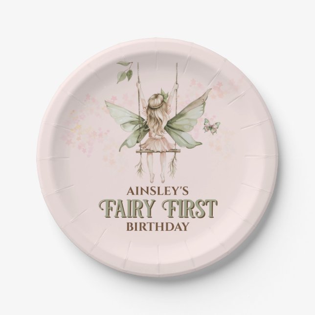 Personalisiert Pink Fairy Erster Geburtstag Party Pappteller (Vorderseite)