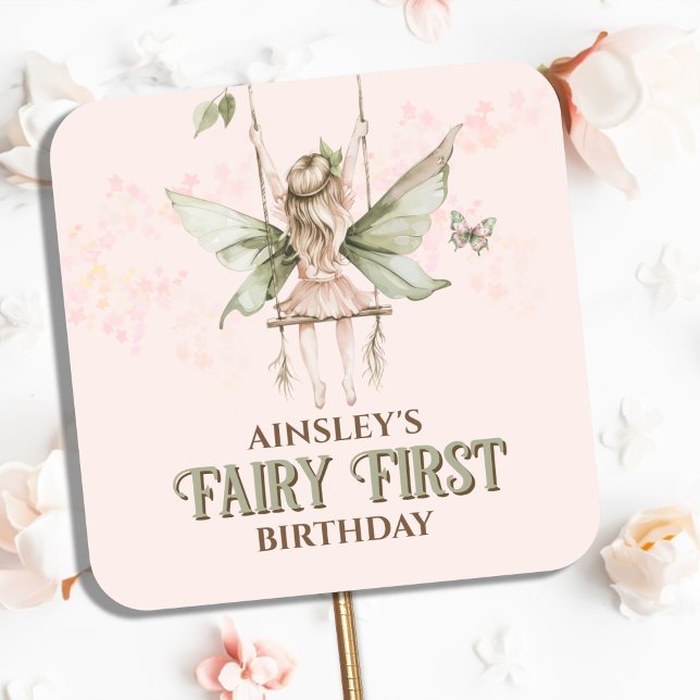 Personalisiert Pink Fairy Erster Geburtstag Party Quadratischer Aufkleber (Von Creator hochgeladen)