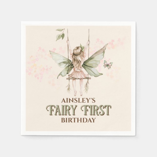 Personalisiert Pink Fairy Erster Geburtstag Party Serviette (Vorderseite)