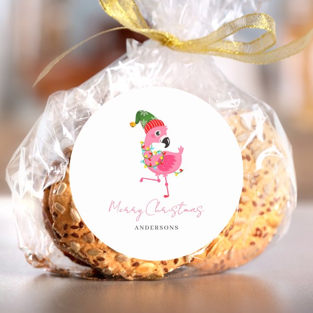 Personalisiert Pink Flamingo Weihnachten Runder Aufkleber (Von Creator hochgeladen)