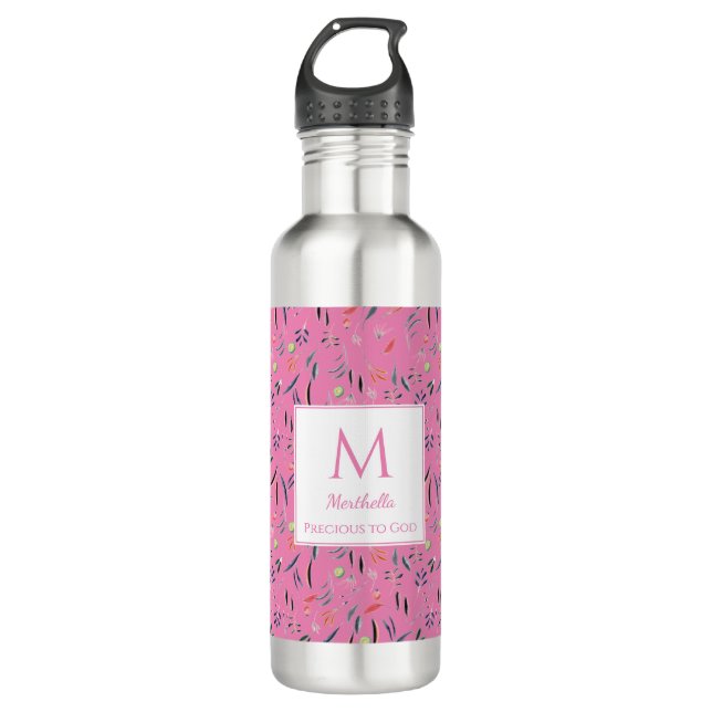 Personalisiert PINK Floral Monogramm Edelstahlflasche (Vorderseite)