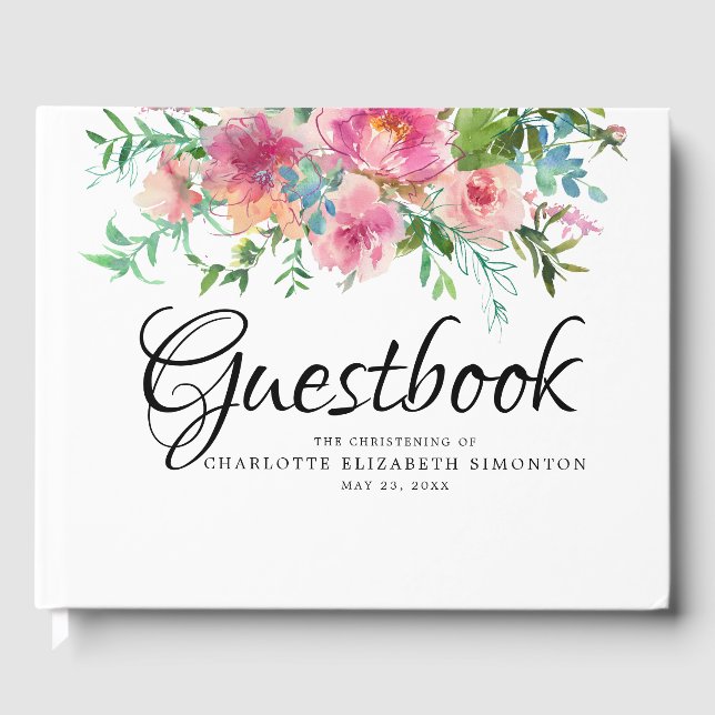Personalisiert Pink Floral Peony Christening Gästebuch (Vorderseite)