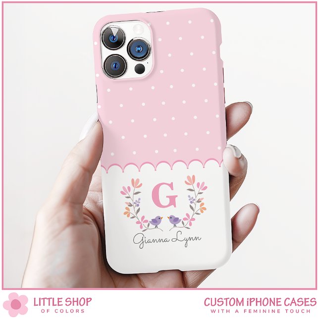 Personalisiert-Pink-Floral-Polka-Dosen-Monogramm Case-Mate iPhone Hülle (Von Creator hochgeladen)