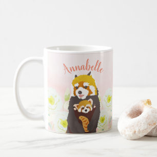 Personalisiert Pink Floral Red Panda Mama Baby Tas Tasse