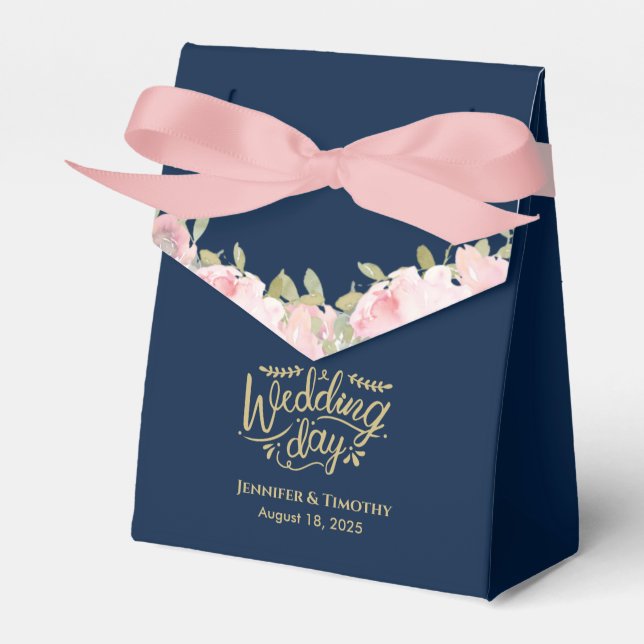 Personalisiert Pink Floral Wedding Day Navy Blue Geschenkschachtel (Vorderseite)