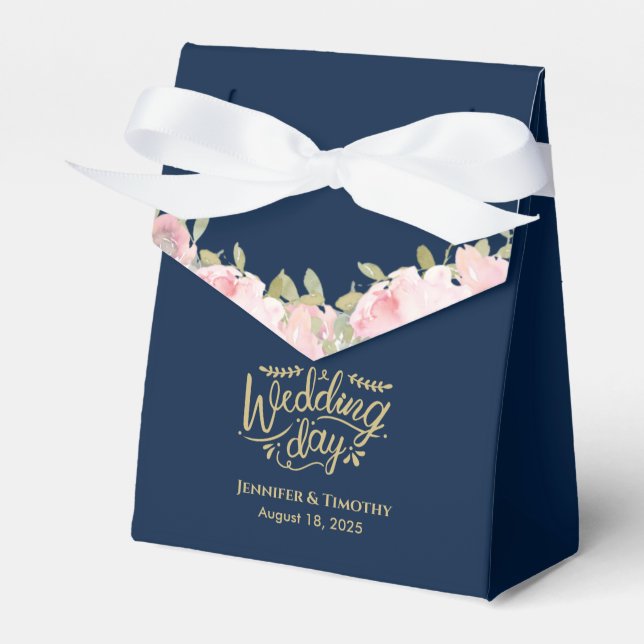 Personalisiert Pink Floral Wedding Day Navy Blue Geschenkschachtel (Vorderseite)