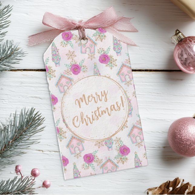Personalisiert Pink Gingerbrot Weihnachten Geschenkanhänger (Pretty pastel pink gift tag)