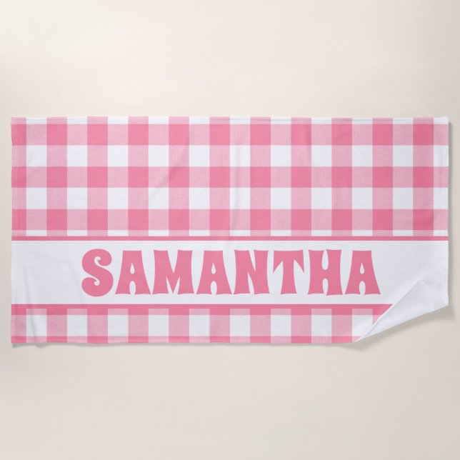 Personalisiert Pink Gingham Kariert Kids Name Strandtuch (Vorderseite)