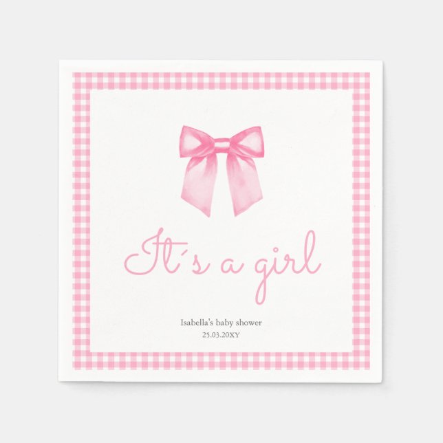 Personalisiert Pink Girl Watercolor Bow Serviette (Vorderseite)