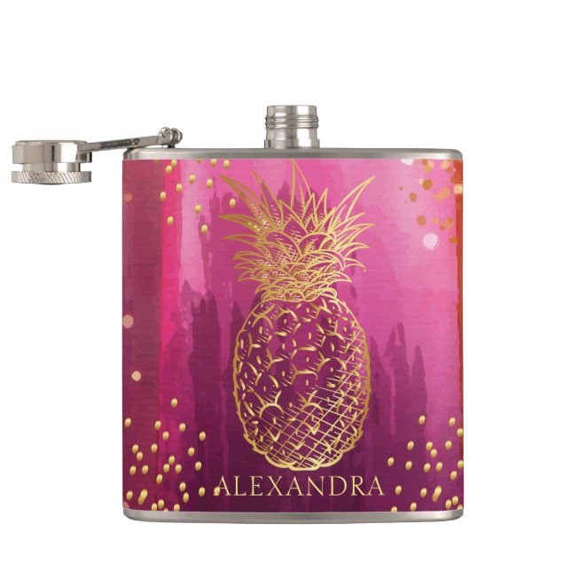Personalisiert Pink Gold Ananas Glitzer Flachmann (Geöffnet)