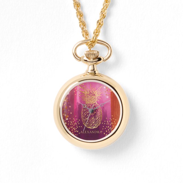 Personalisiert Pink Gold Glitzer Ananas Armbanduhr (Vorderseite)