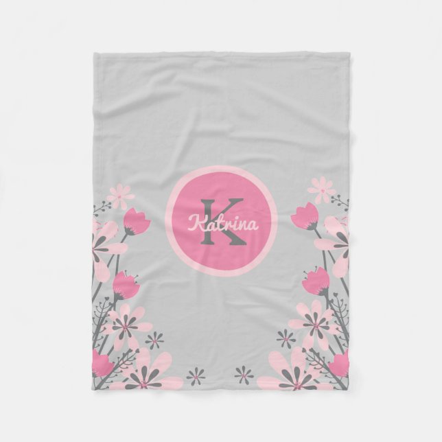 Personalisiert Pink Grau | Blume Kinderzimmer Girl Fleecedecke (Vorderseite)
