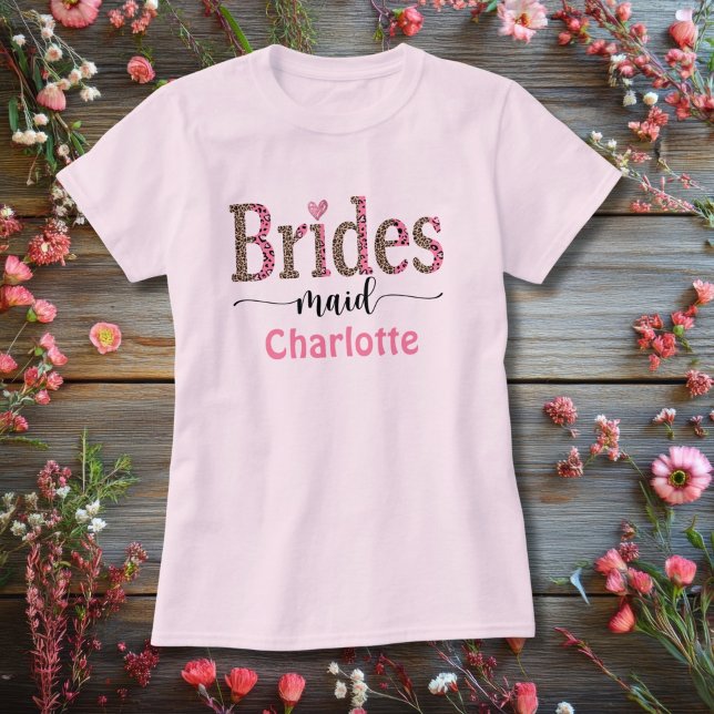 Personalisiert Pink Grey Leopard Print Bridesmaid T-Shirt (Bridesmaid pink leopard print personalized T-shirt )