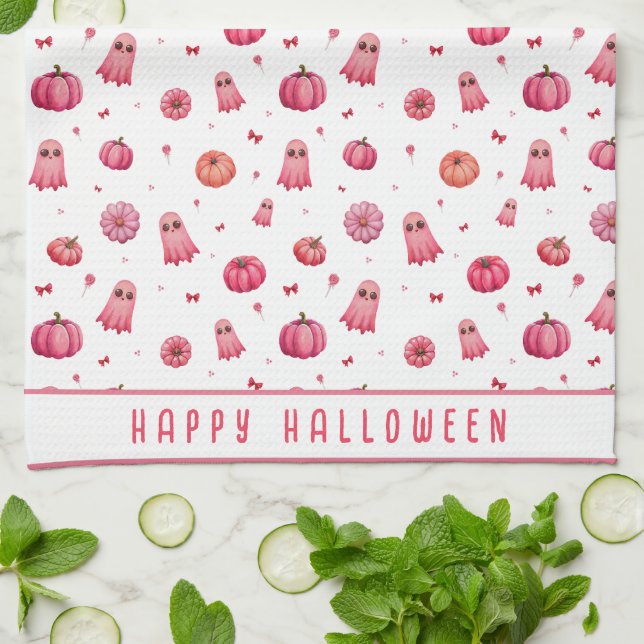 Personalisiert Pink Halloween Pumpkins Geschirrtuch (Gefaltet)