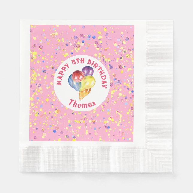 Personalisiert Pink Happy Birthday Confetti Balloo Serviette (Vorderseite)
