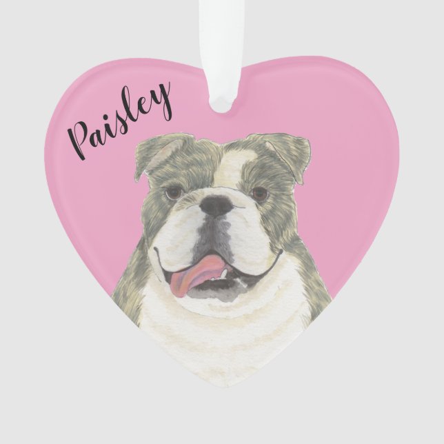 Personalisiert Pink Heart Brindle English Bulldog Ornament (Vorderseite)