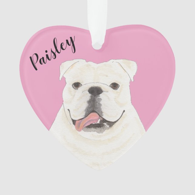 Personalisiert Pink Heart White English Bulldog Ornament (Vorderseite)